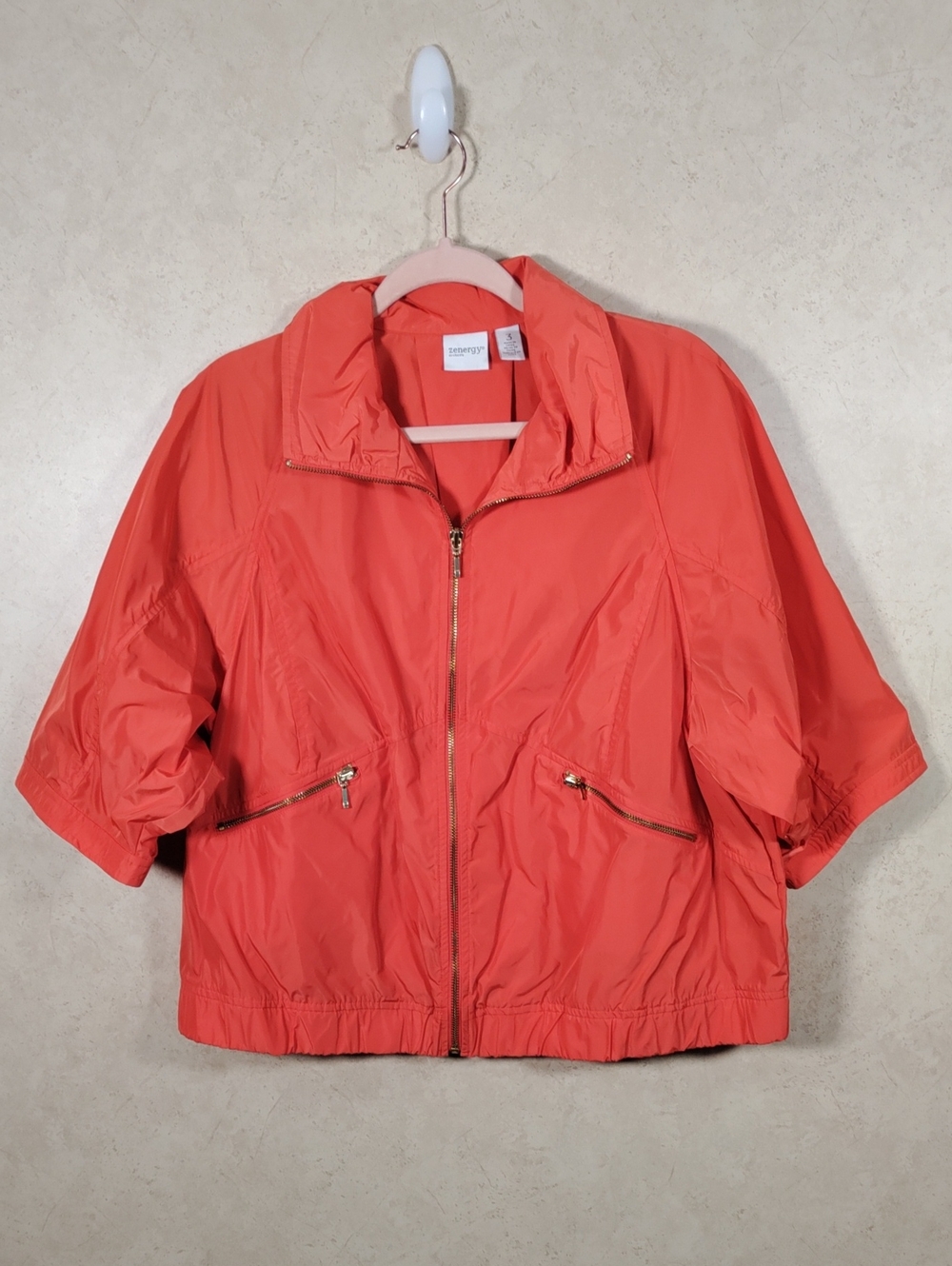 I130 Chico's Zynergy Orange 3/4 Sleeve Windbreaker Jacket 3 XL